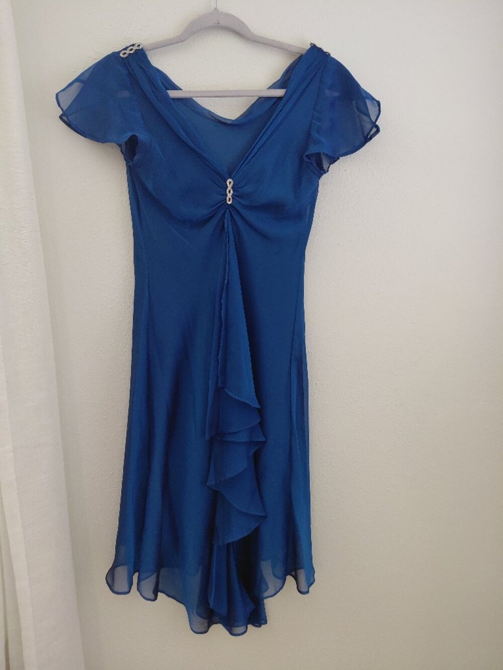 Blue Babydoll Cocktail Dress Ruffles Assymetrical Hem Size 6 Petite Evening Jewe